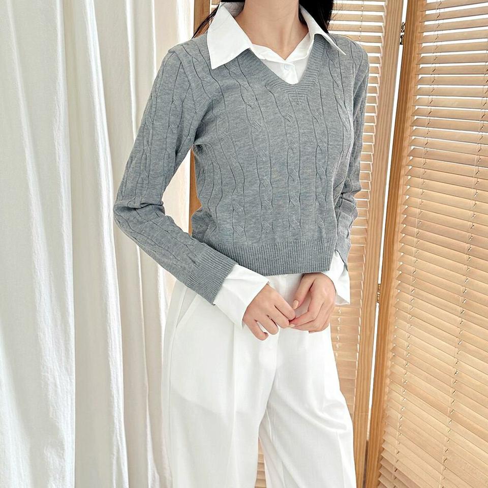 シャツレイヤード風ケーブルニット・p004065 レディース 【tops】トップス ニット シャツ レイヤード風 ドッキング 柄 模様 配色 ベーシック ケーブル Vネック 秋 冬 大人 シック 端正 韓国ファッション MKT