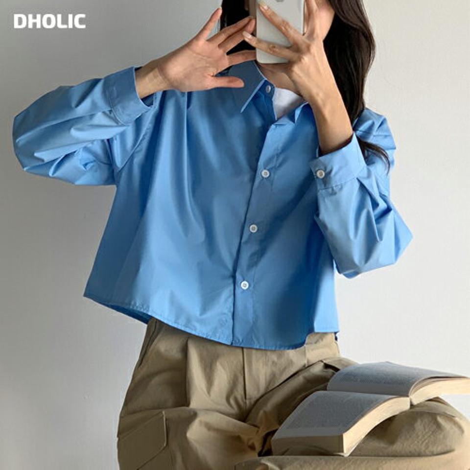 タッククロップドシャツ・t00551 レディース 【bl】 韓国ファッション トップス シャツ カラーネック 長袖 クロップド ショート丈 タック ビックシルエット 無地 カラフル シンプル ベーシック 大人 デイリー 春 カジュアル