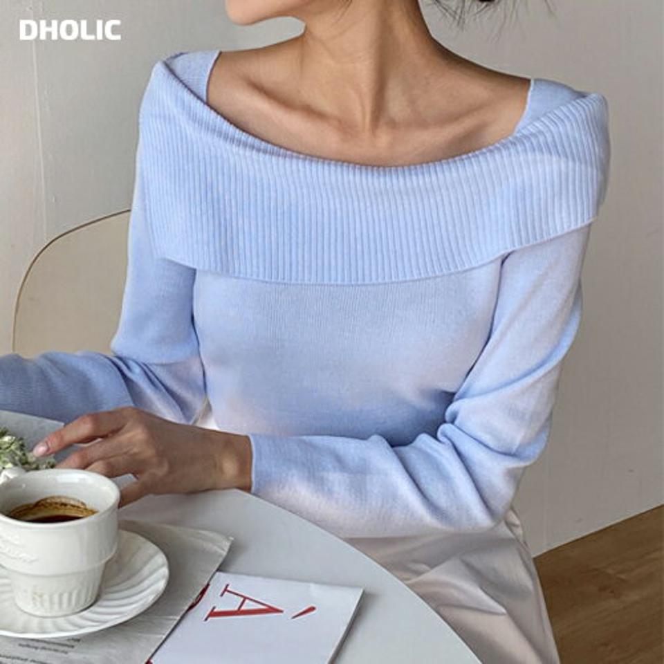 アンバランスショルダー長袖ニット・t00555 レディース 【tops】 韓国ファッション トップス ニット アンバランスショルダー 長袖 リブニット クロップド ナチュラルライン アクリル 無地 大人 フェミニン シンプル デイリー 春 夏 カジュアル