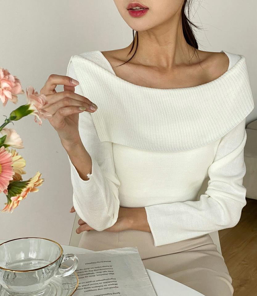 アンバランスショルダー長袖ニット・t00555 レディース 【tops】 韓国ファッション トップス ニット アンバランスショルダー 長袖 リブニット クロップド ナチュラルライン アクリル 無地 大人 フェミニン シンプル デイリー 春 夏 カジュアル