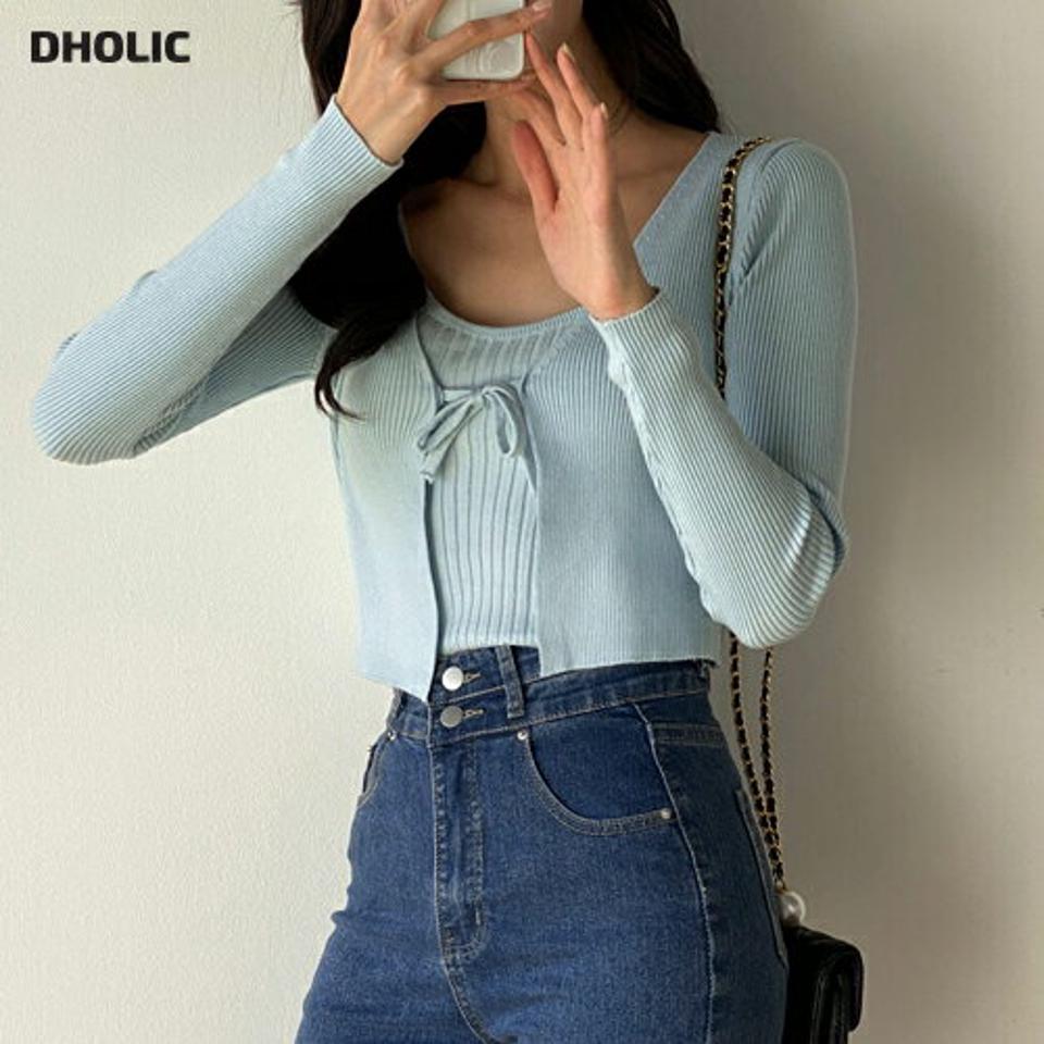 ニットキャミ&リボンカーディガンSET・t00554 レディース 【tops】 韓国ファッション アンサンブル キャミソール ラウンドネック クロップド ニット スリム カーディガン Vネック リボン 長袖 タイト 細身 無地 パステル セット 春 夏 カジュアル