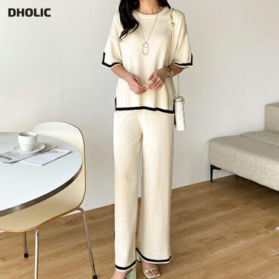 配色スリットニット&パンツSET・b00573 レディース 【pt】 韓国ファッション セットアップ ニット ラウンドネック 半袖 股丈 スリット 配色 ルーズ ゆったり パンツ ロング丈 ハイウエスト ワイド 無地 大人 デイリー 春 夏 カジュアル