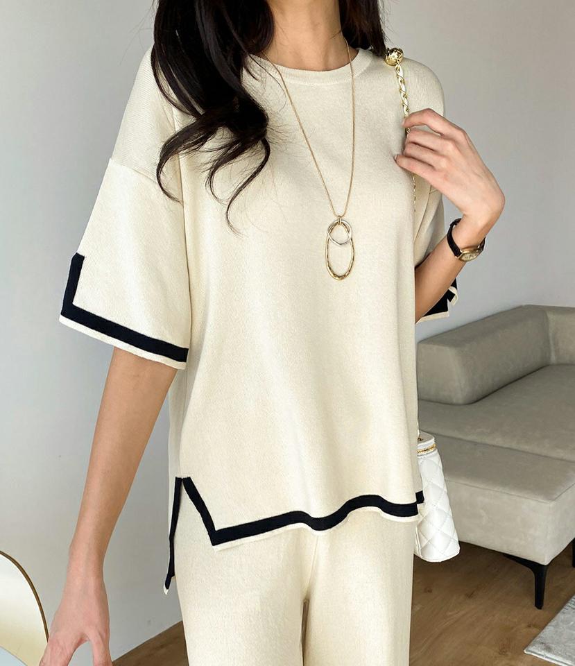 配色スリットニット&パンツSET・b00573 レディース 【pt】 韓国ファッション セットアップ ニット ラウンドネック 半袖 股丈 スリット 配色 ルーズ ゆったり パンツ ロング丈 ハイウエスト ワイド 無地 大人 デイリー 春 夏 カジュアル