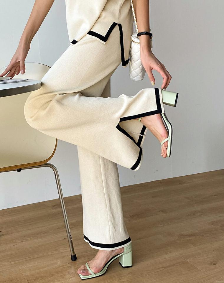 配色スリットニット&パンツSET・b00573 レディース 【pt】 韓国ファッション セットアップ ニット ラウンドネック 半袖 股丈 スリット 配色 ルーズ ゆったり パンツ ロング丈 ハイウエスト ワイド 無地 大人 デイリー 春 夏 カジュアル