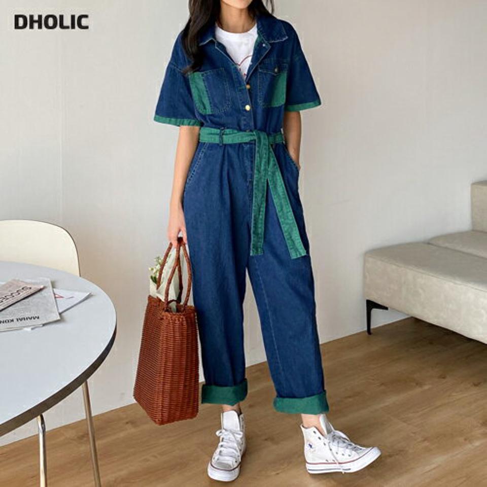 ストラップ付配色デニムオールインワン・b00569 レディース 【pt】 韓国ファッション オールインワン パンツ ロング丈 ロールアップ カラーネック デニム 半袖 配色 ストラップ付 ワイド ゆったり 無地 キュート お出かけ 春 夏 カジュアル