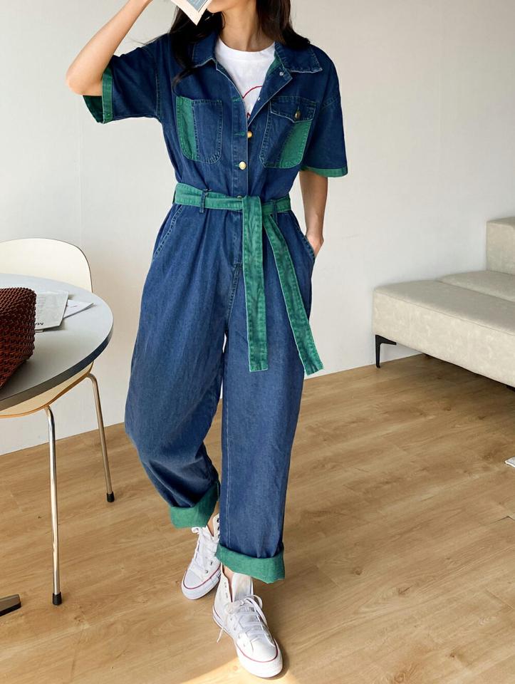 ストラップ付配色デニムオールインワン・b00569 レディース 【pt】 韓国ファッション オールインワン パンツ ロング丈 ロールアップ カラーネック デニム 半袖 配色 ストラップ付 ワイド ゆったり 無地 キュート お出かけ 春 夏 カジュアル