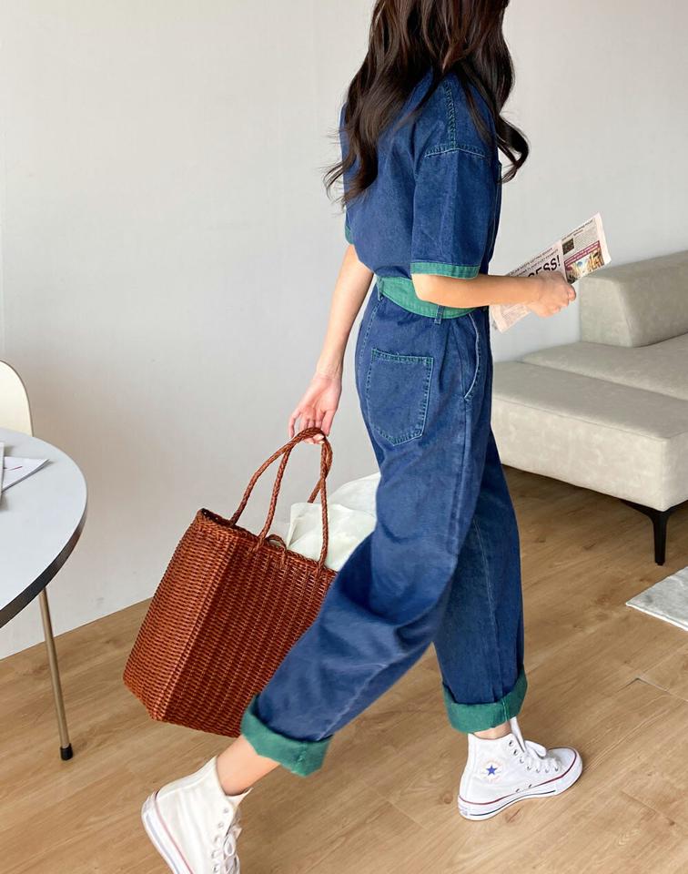 ストラップ付配色デニムオールインワン・b00569 レディース 【pt】 韓国ファッション オールインワン パンツ ロング丈 ロールアップ カラーネック デニム 半袖 配色 ストラップ付 ワイド ゆったり 無地 キュート お出かけ 春 夏 カジュアル