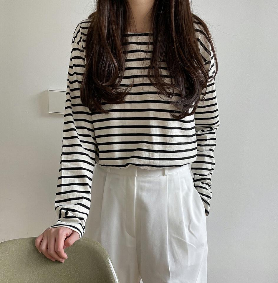 ラウンドネックボーダーTシャツ・p004217 レディース 【tops】トップス Tシャツ 長袖 柄 模様 ボーダー ラウンドネック 秋 冬 カジュアル ラフ 爽やか カラバリ かわいい 可愛い 韓国ファッション MKT
