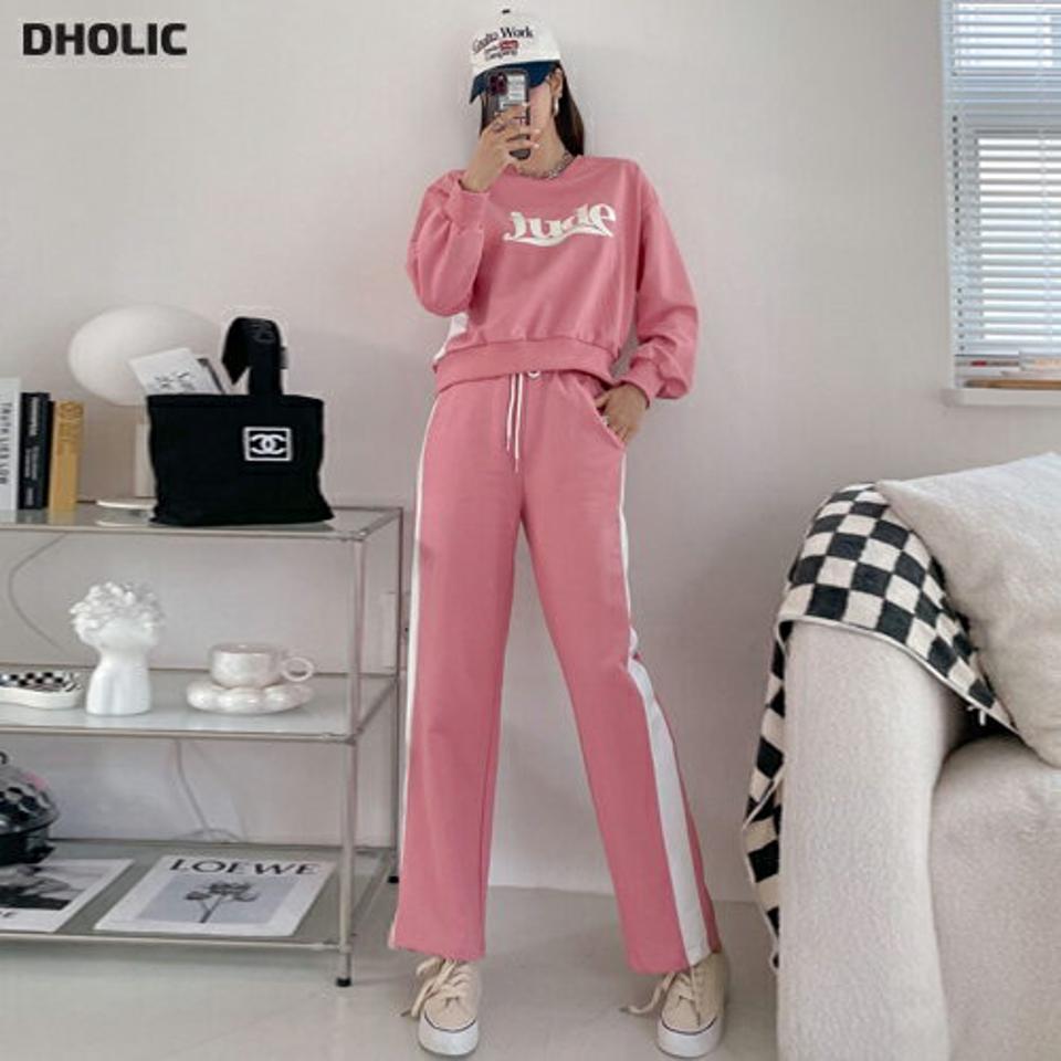 jude配色スウェット&パンツSET・p004310 レディース 【pt】 韓国ファッション セットアップ スウェット トレーナー ラウンドネック 長袖 クロップド 英字 パンツ ロング丈 配色 ストレート パステル ストリート レトロ 春 夏 カジュアル MKT