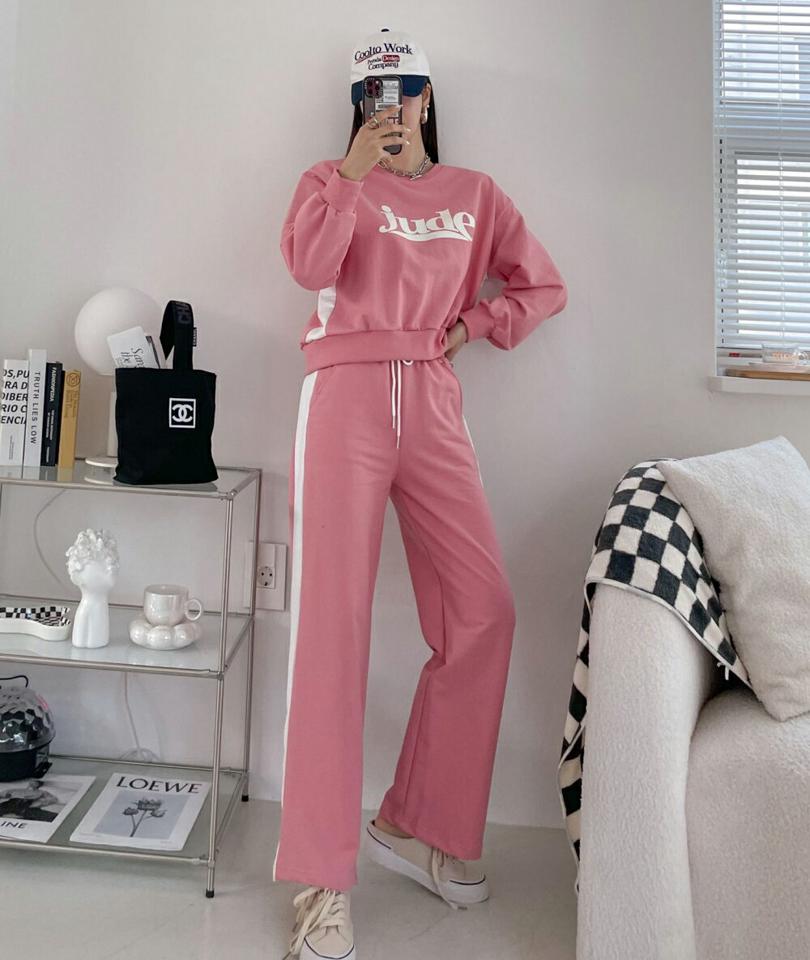 jude配色スウェット&パンツSET・p004310 レディース 【pt】 韓国ファッション セットアップ スウェット トレーナー ラウンドネック 長袖 クロップド 英字 パンツ ロング丈 配色 ストレート パステル ストリート レトロ 春 夏 カジュアル MKT