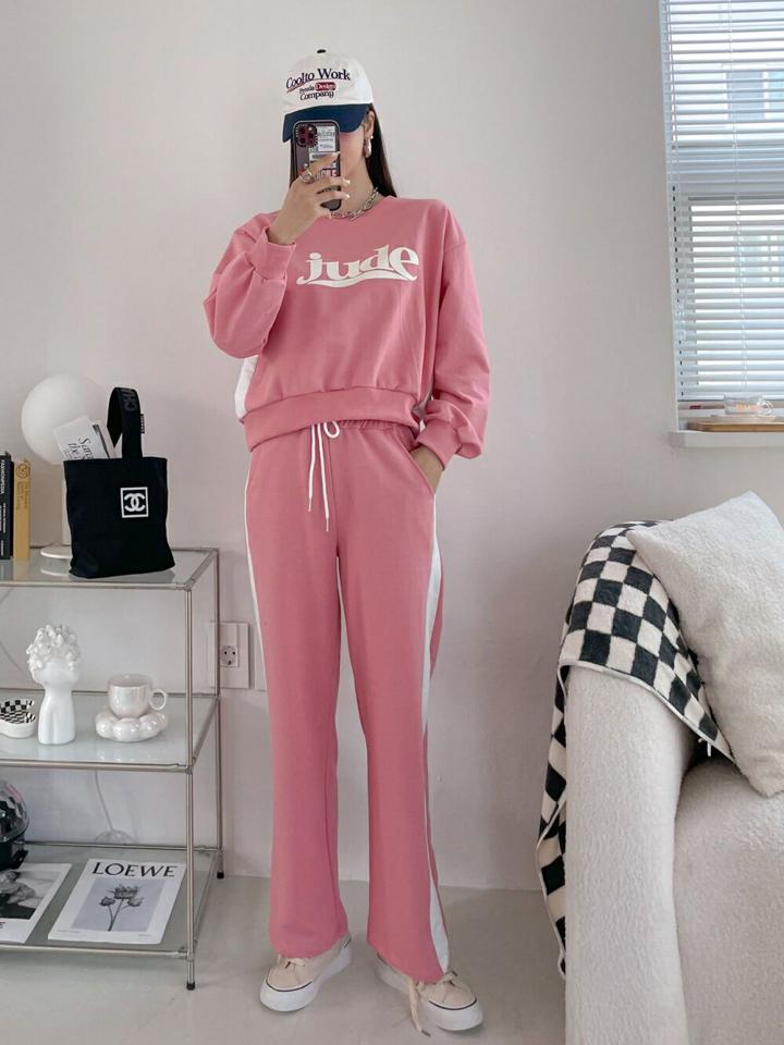 jude配色スウェット&パンツSET・p004310 レディース 【pt】 韓国ファッション セットアップ スウェット トレーナー ラウンドネック 長袖 クロップド 英字 パンツ ロング丈 配色 ストレート パステル ストリート レトロ 春 夏 カジュアル MKT