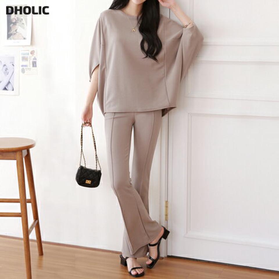 ドルマンTシャツ&フレアパンツSET・p004253 レディース 【pt】 韓国ファッション セットアップ Tシャツ ラウンドネック ドルマンスリーブ 股丈 ゆったり パンツ ロング丈 センターライン フレア スリムフィット SET 春 夏 カジュアル MKT