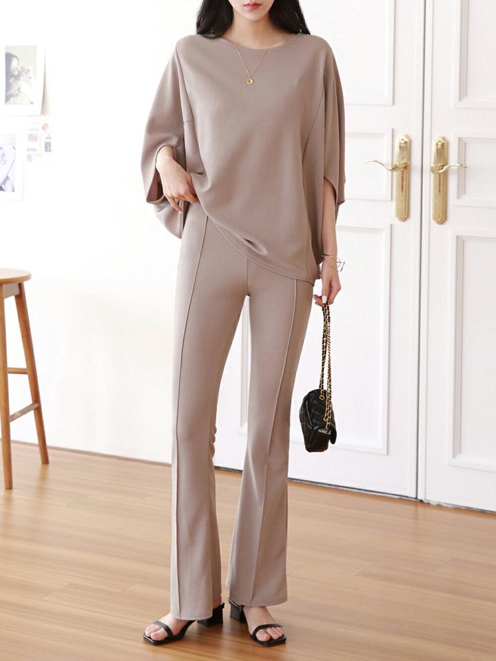 ドルマンTシャツ&フレアパンツSET・p004253 レディース 【pt】 韓国ファッション セットアップ Tシャツ ラウンドネック ドルマンスリーブ 股丈 ゆったり パンツ ロング丈 センターライン フレア スリムフィット SET 春 夏 カジュアル MKT