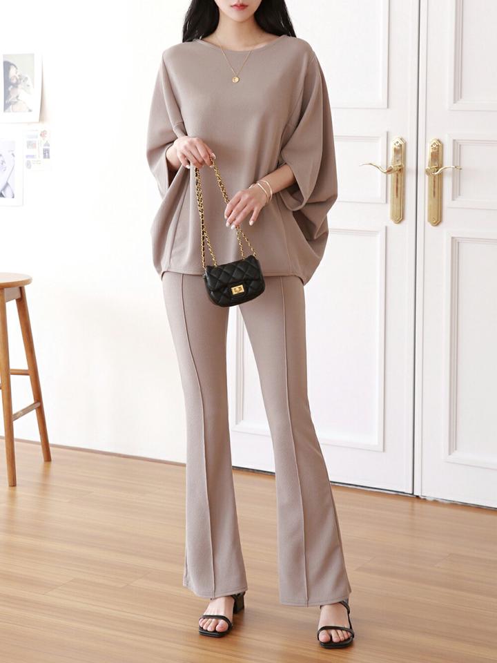 ドルマンTシャツ&フレアパンツSET・p004253 レディース 【pt】 韓国ファッション セットアップ Tシャツ ラウンドネック ドルマンスリーブ 股丈 ゆったり パンツ ロング丈 センターライン フレア スリムフィット SET 春 夏 カジュアル MKT