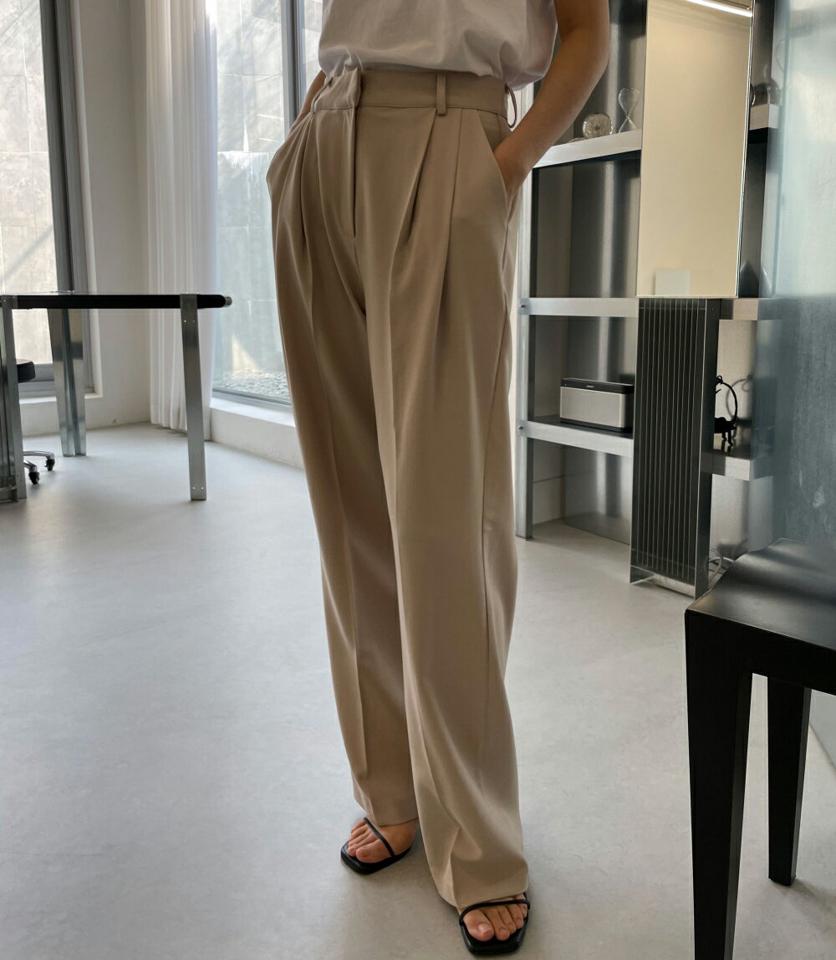 ツータックスラックス・p004187 レディース 【pt】 韓国ファッション ボトムス パンツ スラックス ロング丈 ハイウエスト ツータック ワイド ストレート ナイロン混 オフィスカジュアル デイリー シンプル 春 夏 カジュアル MKT