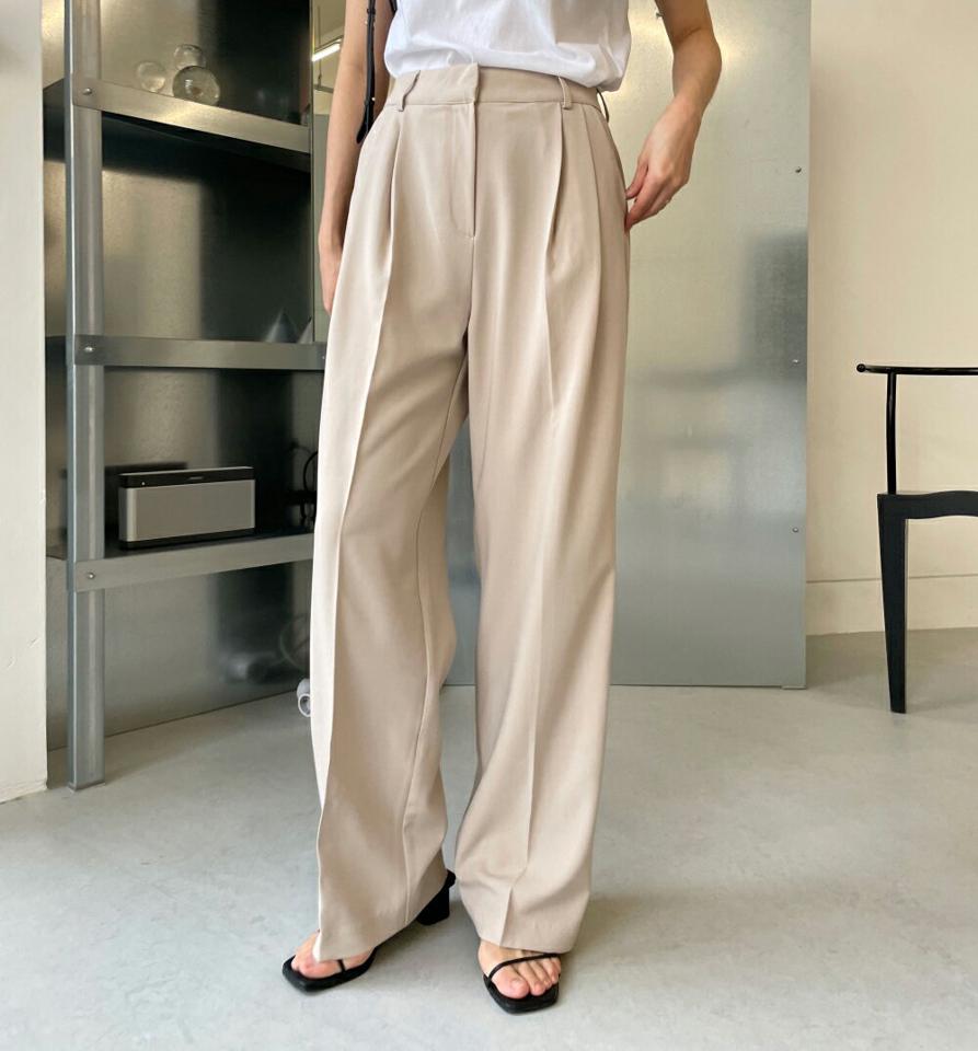 ツータックスラックス・p004187 レディース 【pt】 韓国ファッション ボトムス パンツ スラックス ロング丈 ハイウエスト ツータック ワイド ストレート ナイロン混 オフィスカジュアル デイリー シンプル 春 夏 カジュアル MKT