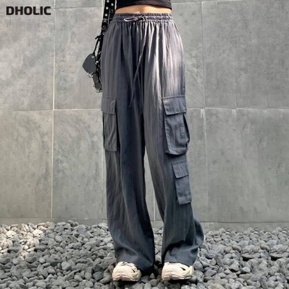 ドロストイージーカーゴパンツ・p004186 レディース 【pt】 韓国ファッション ボトムス パンツ ロング丈 ハイウエスト イージー ドロスト ウエストゴム カーゴポケット ワイド ストレート ストリート レトロ 春 夏 カジュアル MKT