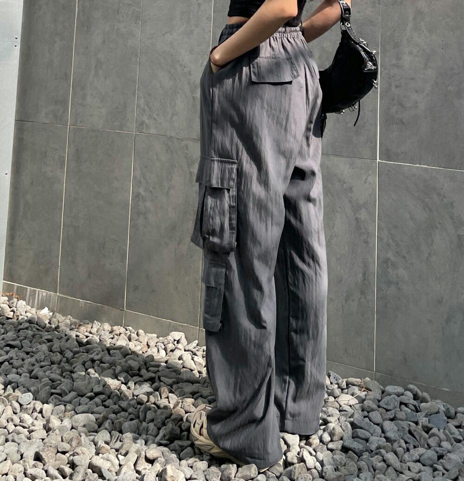 ドロストイージーカーゴパンツ・p004186 レディース 【pt】 韓国ファッション ボトムス パンツ ロング丈 ハイウエスト イージー ドロスト ウエストゴム カーゴポケット ワイド ストレート ストリート レトロ 春 夏 カジュアル MKT