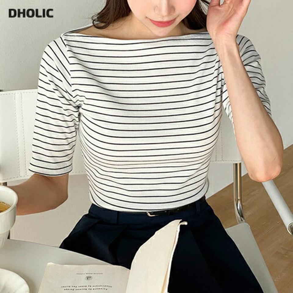 【送料無料・メール便】ボートネックボーダーTシャツ・t00951 レディース 【tops】 韓国ファッション トップス Tシャツ ボートネック 半袖 ボーダー クロップド スリムフィット 細身 レーヨン混 シンプル ベーシック デイリー 大人 キュート 春 夏 カジュアル【UB3】