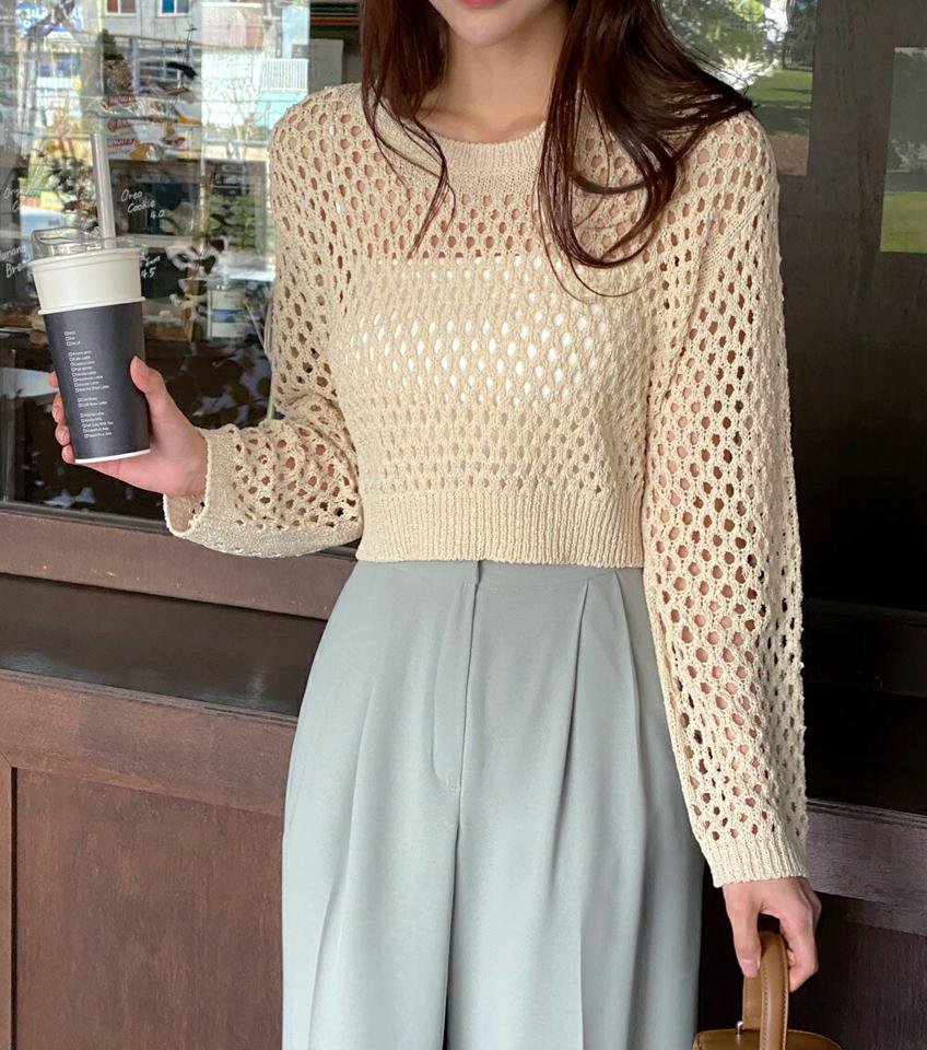 クロップドネットニット・t00959 レディース 【tops】 韓国ファッション トップス ニット ラウンドネック 長袖 クロップド ショート ネットニット シアー 透け感 リブヘム ゆったり ニュートラルトーン ストリート デイリー 春 夏 カジュアル