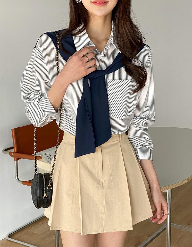 配色ショールストライプシャツ・b00958 レディース 【bl】 韓国ファッション トップス シャツ カラーネック 長袖 配色ショール ストライプ ワンポケット ナチュラルライン コットン混 大人 シンプル お出かけ デイリー 春 夏 カジュアル