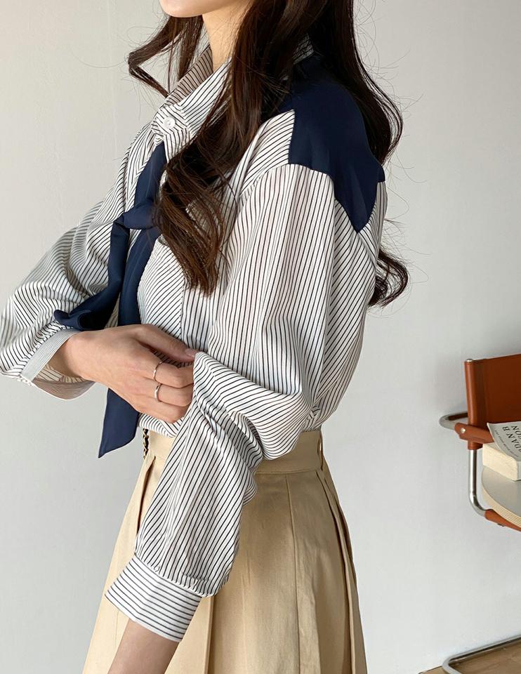配色ショールストライプシャツ・b00958 レディース 【bl】 韓国ファッション トップス シャツ カラーネック 長袖 配色ショール ストライプ ワンポケット ナチュラルライン コットン混 大人 シンプル お出かけ デイリー 春 夏 カジュアル