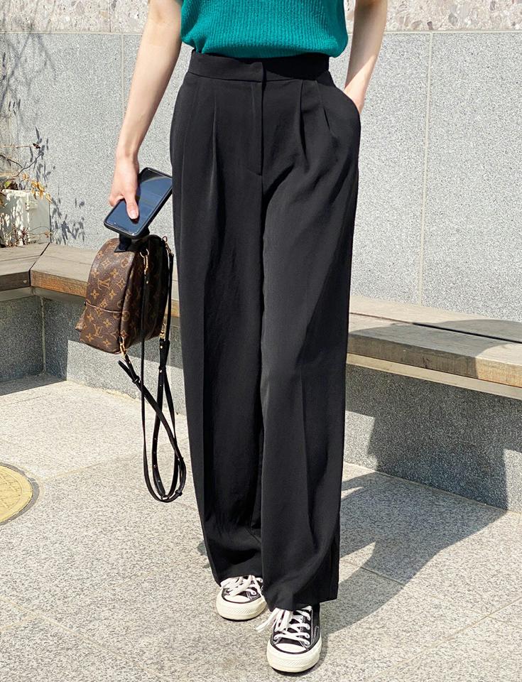 ツータックストレートスラックス・t00982 レディース 【pt】 韓国ファッション ボトムス パンツ スラックス ロング丈 フルレングス ハイウエスト ツータック ストレート ワイド 無地 オフィスカジュアル シンプル デイリー 春 夏 カジュアル