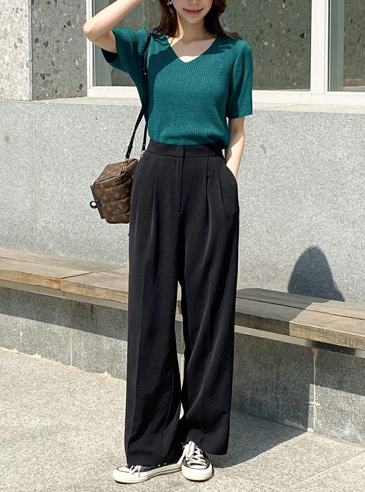 ツータックストレートスラックス・t00982 レディース 【pt】 韓国ファッション ボトムス パンツ スラックス ロング丈 フルレングス ハイウエスト ツータック ストレート ワイド 無地 オフィスカジュアル シンプル デイリー 春 夏 カジュアル