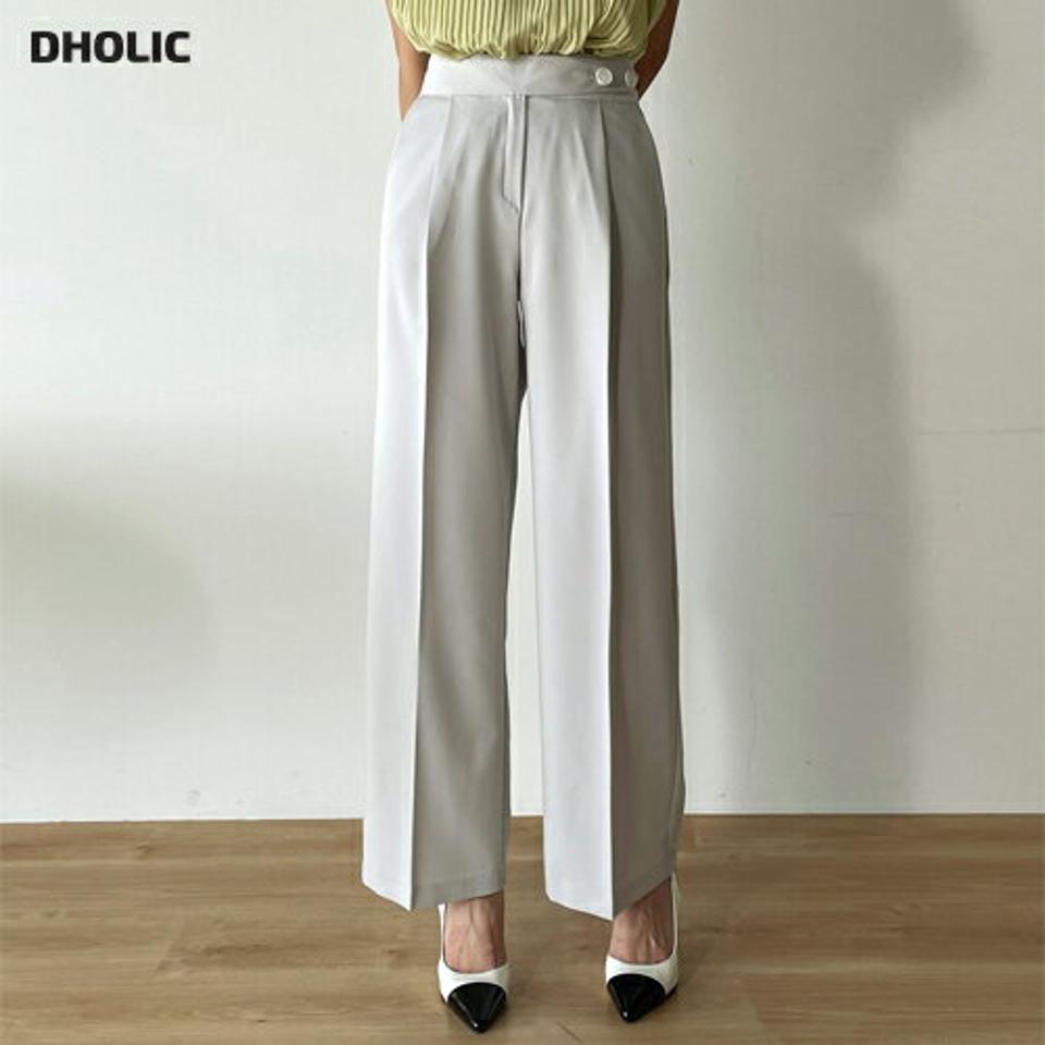 ツーボタンタックスラックス・t00391 レディース 【pt】 韓国ファッション ボトムス パンツ スラックス　ロング丈 9分丈 ハイウエスト ツーボタン サイドボタン タック ワイド ストレート 無地 オフィスカジュアル 大人 春 夏 カジュアル