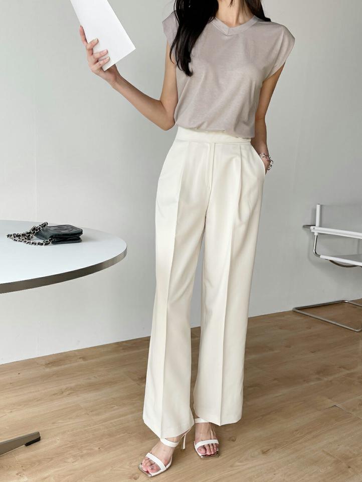 ツーボタンタックスラックス・t00391 レディース 【pt】 韓国ファッション ボトムス パンツ スラックス　ロング丈 9分丈 ハイウエスト ツーボタン サイドボタン タック ワイド ストレート 無地 オフィスカジュアル 大人 春 夏 カジュアル