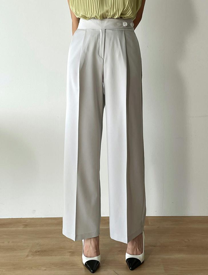 ツーボタンタックスラックス・t00391 レディース 【pt】 韓国ファッション ボトムス パンツ スラックス　ロング丈 9分丈 ハイウエスト ツーボタン サイドボタン タック ワイド ストレート 無地 オフィスカジュアル 大人 春 夏 カジュアル