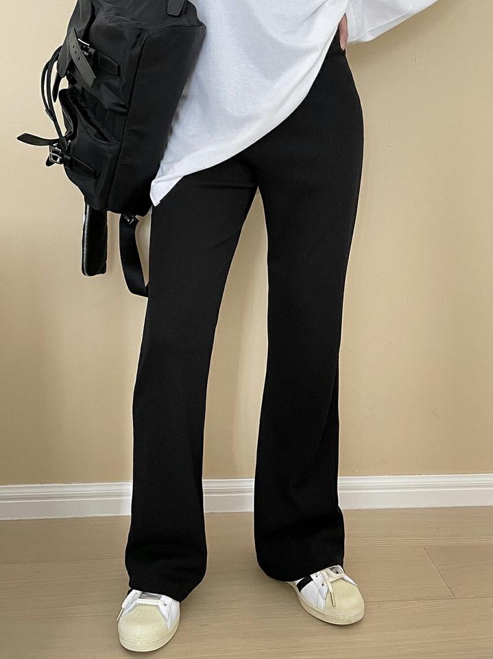 ウエストゴムリブフレアパンツ・p004197 レディース 【pt】パンツ ロング丈 フレア 単色 無地 シンプル ベーシック リブ ウエストゴム 楽ちん 春 夏 秋 カジュアル ラフ Aライン かわいい 可愛い 韓国ファッション MKT