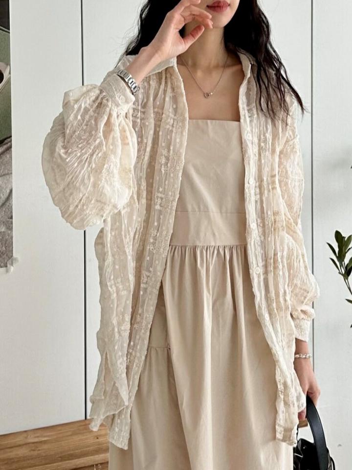 花柄刺繍シアーシャツ・p004170 レディース 【bl】シャツ トップス 長袖 柄 模様 シアー シースルー ミドル丈 ロング丈 透け感 総柄 刺繍 花柄 フラワー 春 秋 夏 かわいい 可愛い キュート 韓国ファッション MKT
