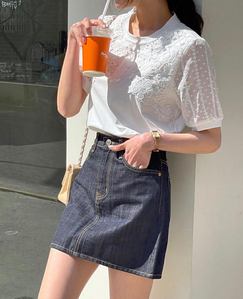 レースシアースリーブTシャツ・b72110 レディース 【tops】 韓国ファッション トップス Tシャツ レース シースルー シアー コットン ラウンドネック 半袖 ドット ワントーン 大人 ガーリー シンプル 着回し カジュアル