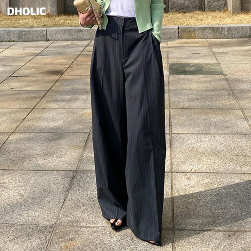 ストライプワイドスラックス・t72097 レディース 【pt】 韓国ファッション ボトムス パンツ スラックス ロング丈 フルレングス ハイウエスト ストライプ ワイド ルーズ ツータック レーヨン混 大人 お出かけ モード 春 夏 カジュアル