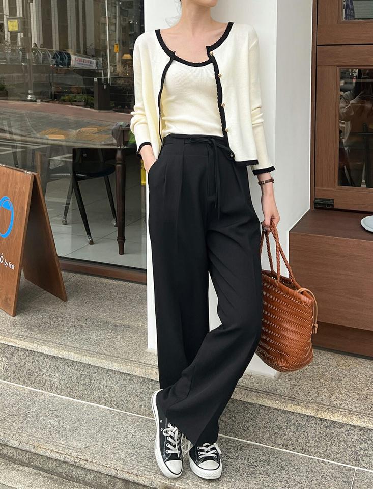 スカラップ配色キャミ&カーディガン・b00410 レディース 【tops】 韓国ファッション アンサンブル キャミソール Uネック クロップド スカラップ配色 カーディガン ラウンドネック ゴールドボタン スリム 無地 大人 デイリー 春 夏 カジュアル
