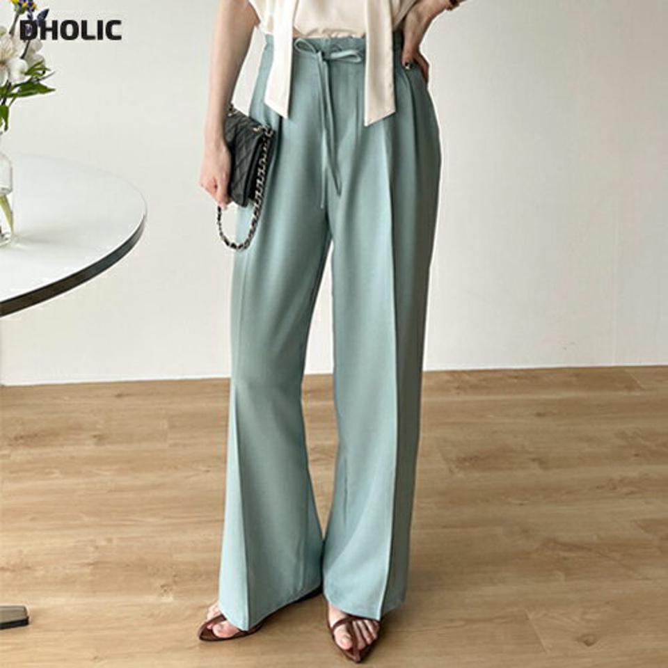 ストラップ付ツータックスラックス・t00429 レディース 【pt】 韓国ファッション ボトムス パンツ スラックス ロング丈 フルレングス ハイウエスト ストラップ付 ツータック ワイド 無地 ミュート オフィスカジュアル 春 夏 カジュアル