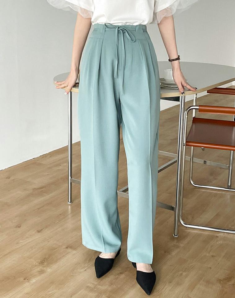ストラップ付ツータックスラックス・t00429 レディース 【pt】 韓国ファッション ボトムス パンツ スラックス ロング丈 フルレングス ハイウエスト ストラップ付 ツータック ワイド 無地 ミュート オフィスカジュアル 春 夏 カジュアル