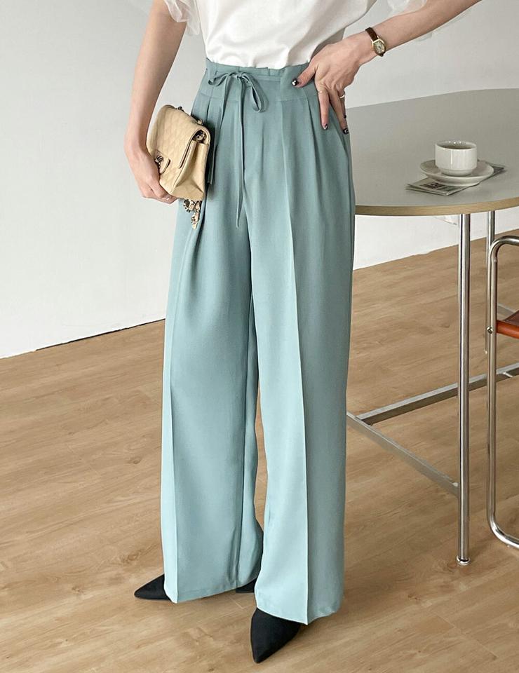 ストラップ付ツータックスラックス・t00429 レディース 【pt】 韓国ファッション ボトムス パンツ スラックス ロング丈 フルレングス ハイウエスト ストラップ付 ツータック ワイド 無地 ミュート オフィスカジュアル 春 夏 カジュアル