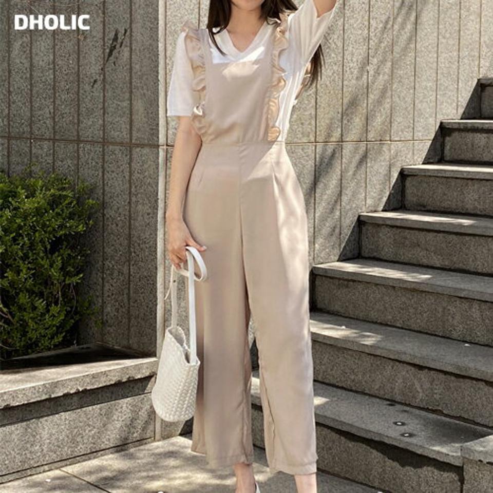 フリルノースリオールインワン・t00601 レディース 【pt】 韓国ファッション オールインワン パンツ ロング丈 スクエアネック ノースリーブ フリルスリーブ ストレート スリム 無地 コットン昆 ラブリー ガーリー 春 夏 カジュアル