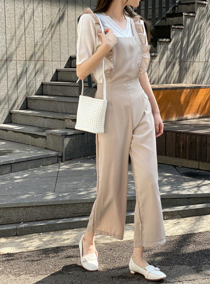 フリルノースリオールインワン・t00601 レディース 【pt】 韓国ファッション オールインワン パンツ ロング丈 スクエアネック ノースリーブ フリルスリーブ ストレート スリム 無地 コットン昆 ラブリー ガーリー 春 夏 カジュアル