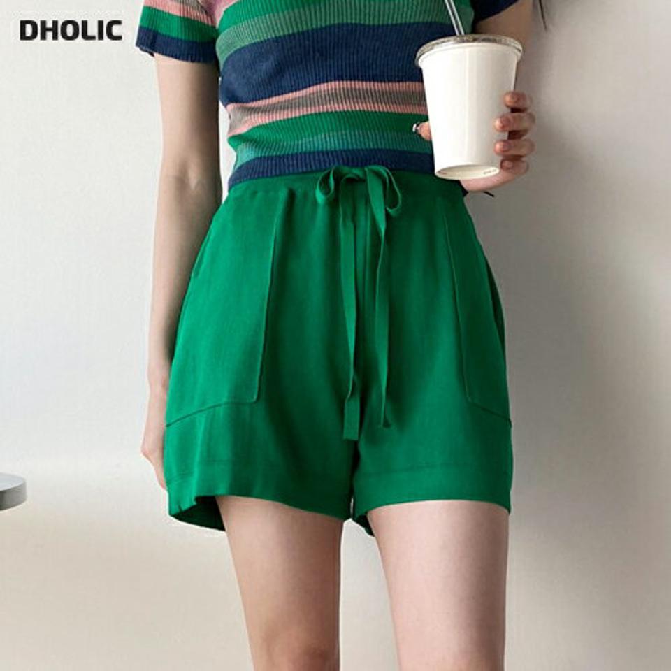 ストリング付ニットショートパンツ・b00608 レディース 【pt】 韓国ファッション ボトムス パンツ ショート丈 ハイウエイ ストリング リボン ポケット ニット ワイド ストレート アクリル 無地 カラフル シンプル デイリー 春 夏 カジュアル