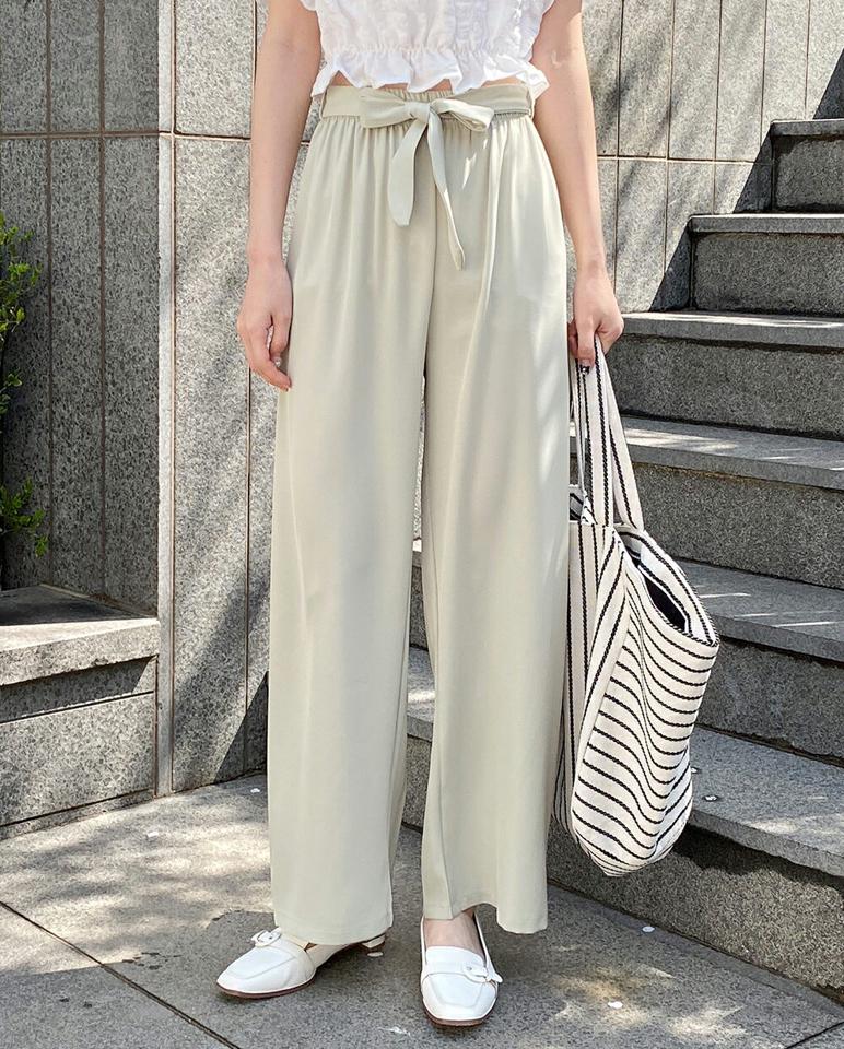 ストラップ付ウエストゴムパンツ・b00609 レディース 【pt】 韓国ファッション ボトムス パンツ ロング丈 ハイウエスト ストラップ付 リボン ギャザー ワイド ストレート 無地 オフィスカジュアル ガーリー デイリー 春 夏 カジュアル