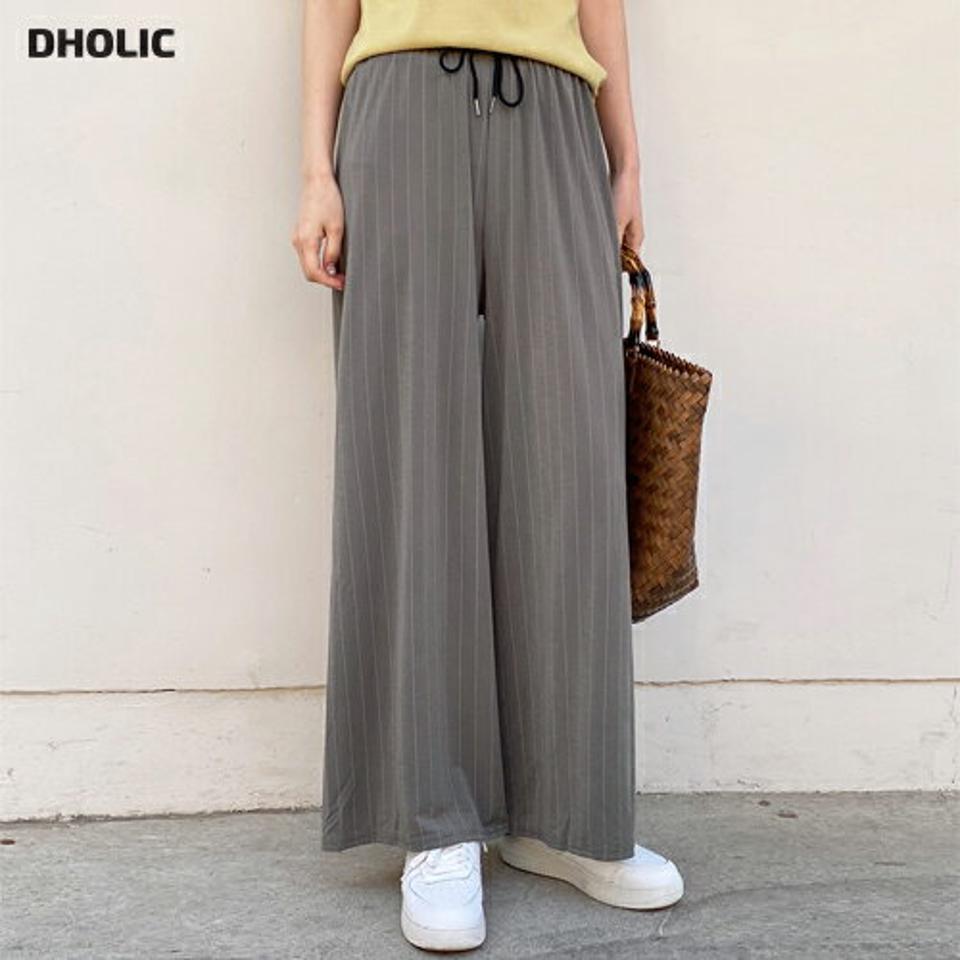 ストリング付ストライプパンツ・t00590 レディース 【pt】 韓国ファッション ボトムス パンツ ロング丈 ハイウエスト ストリング ストライプ ワイド ゆったり 伸縮 楽ちん 大人カジュアル デイリー シンプル 春 夏 カジュアル