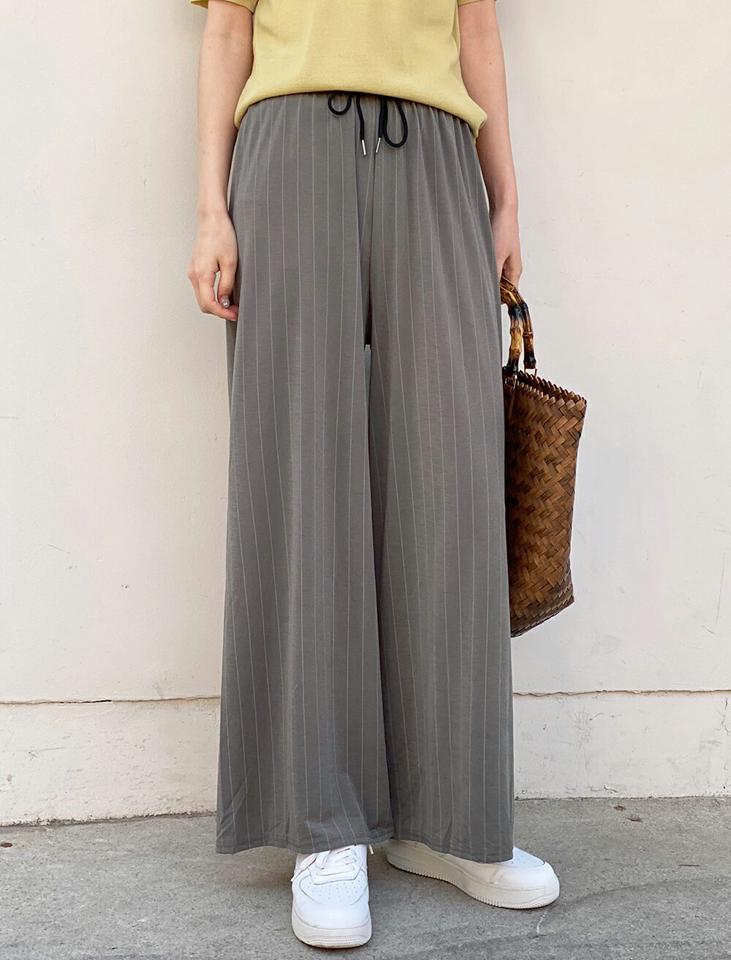 ストリング付ストライプパンツ・t00590 レディース 【pt】 韓国ファッション ボトムス パンツ ロング丈 ハイウエスト ストリング ストライプ ワイド ゆったり 伸縮 楽ちん 大人カジュアル デイリー シンプル 春 夏 カジュアル