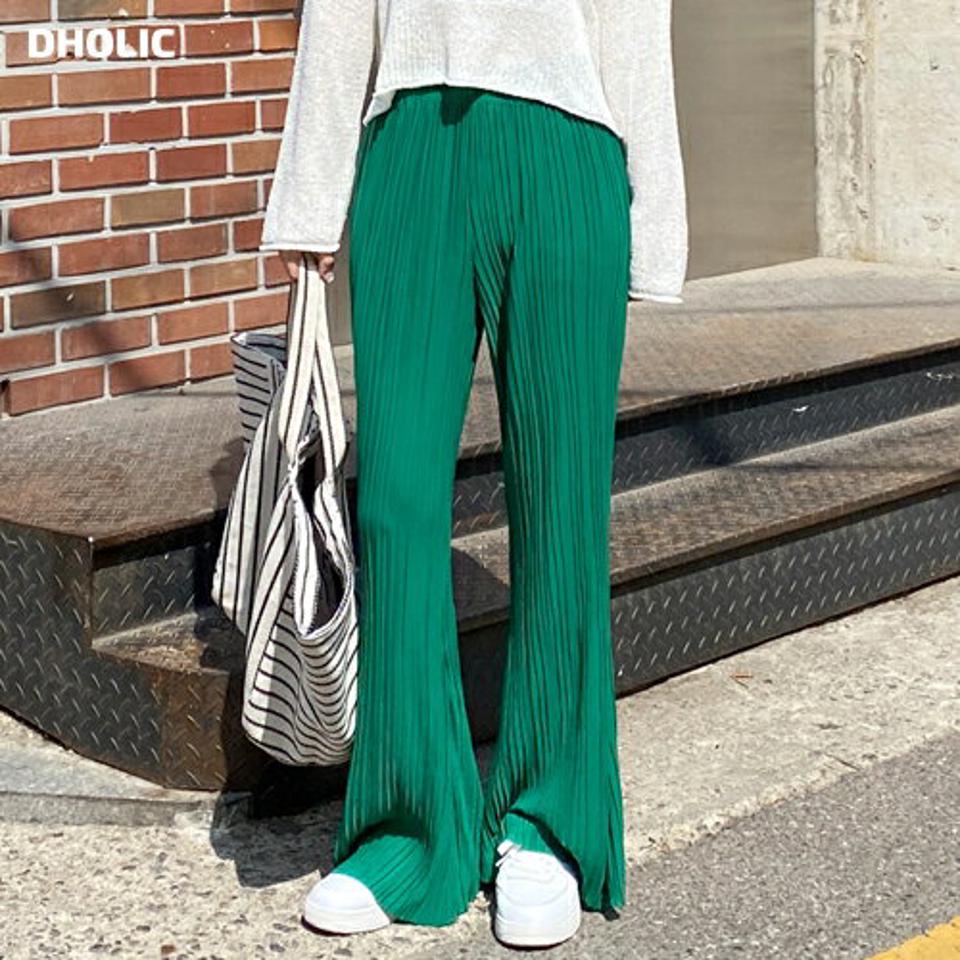 プリーツイージーフレアパンツ・t00589 レディース 【pt】 韓国ファッション ボトムス パンツ ロング丈 ハイウエスト プリーツ イージー ウエストゴム ストレート 伸縮 無地 カラフル カラバリ デイリー 春 夏 カジュアル