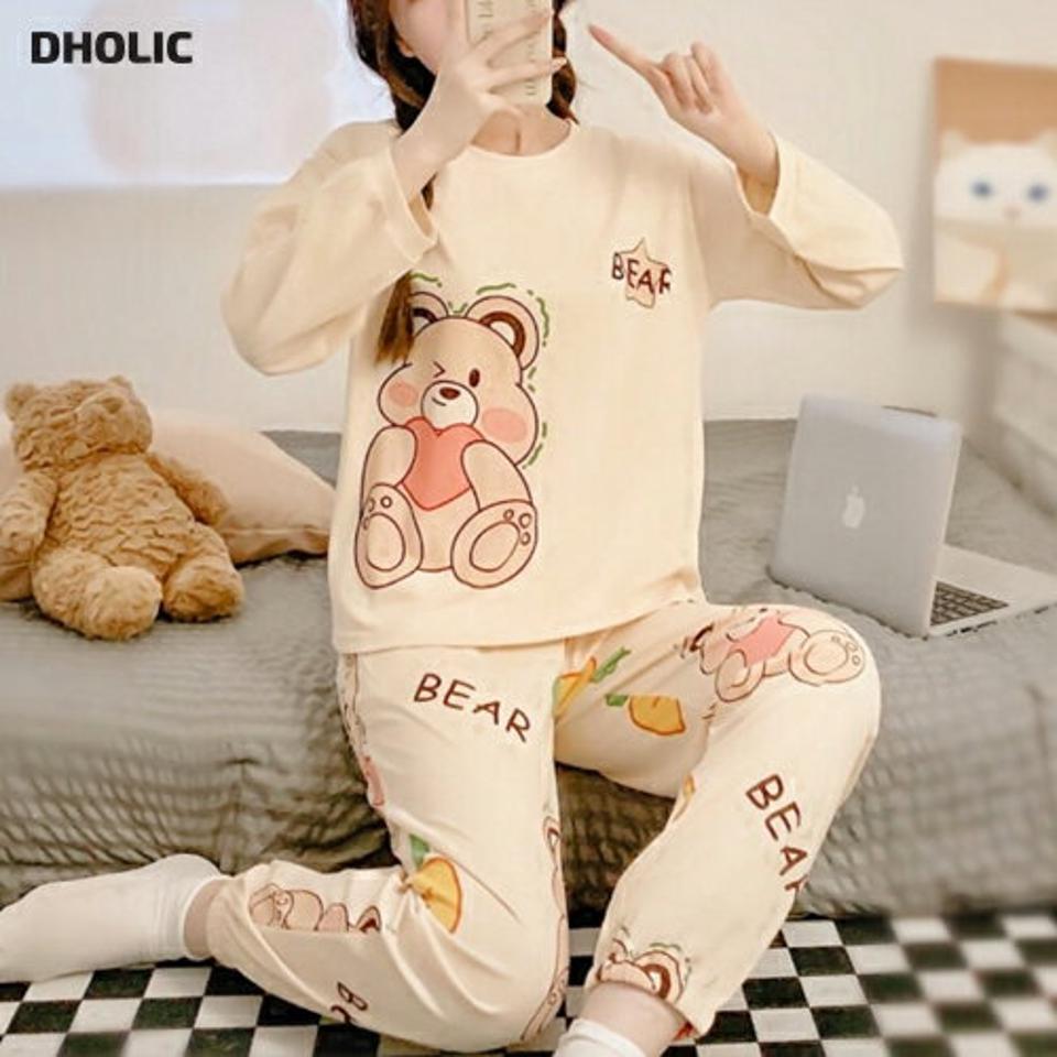 BEARプリントパジャマSET・p004328 レディース 【uw】パジャマ セット set 2点 トップス 長袖 Tシャツ 柄 模様 キャラクター プリント パンツ ロング丈 柄 模様 秋 冬 カジュアル 可愛い かわいい キュート 韓国ファッション MKT