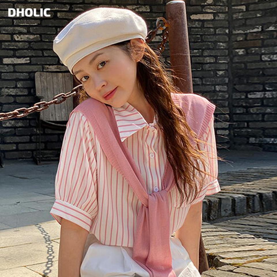 ショール付ストライプ半袖シャツ・t00410 レディース 【tops】 韓国ファッション トップス シャツ ショール 付き ストライプ 半袖 カラーネック ラウンド ヘム リブ ニット 大人 カジュアル ガーリー お出かけ 春 夏 カジュアル