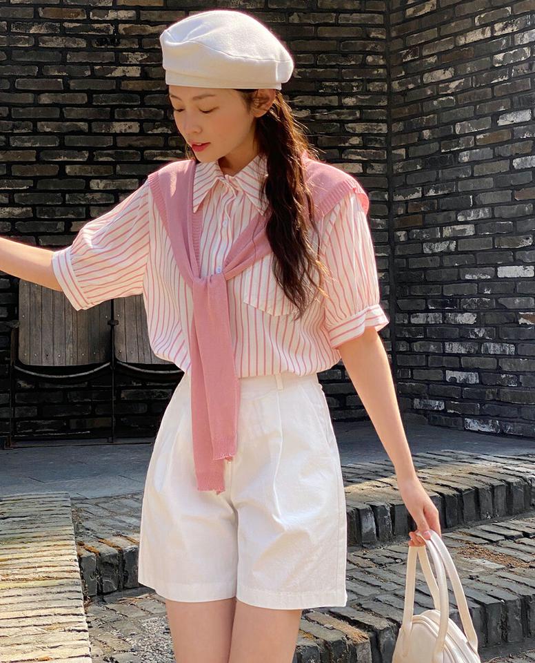 ショール付ストライプ半袖シャツ・t00410 レディース 【tops】 韓国ファッション トップス シャツ ショール 付き ストライプ 半袖 カラーネック ラウンド ヘム リブ ニット 大人 カジュアル ガーリー お出かけ 春 夏 カジュアル