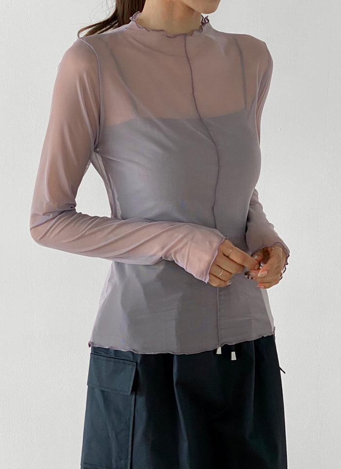 メロウシースルーブラウス・b00613 レディース 【bl】 韓国ファッション トップス ブラウス メロウ ヘム ハーフネック 長袖 シースルー カジュアル モード お出かけ 大人 シンプル 無地 カジュアル